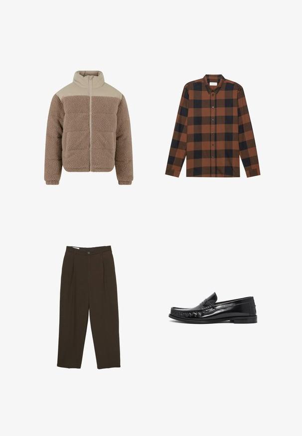 Urban Classics Winterjas - darktaupe; Bruin en zwart geruit overhemd met lange mouwen, gemaakt van stof, met een button-down kraag en knoopsluiting; heeft boorden met manchetten.; Donkere bruine op maat gemaakte broeken met voorplooien, riemlussen en een knoopsluiting in de taille.; Zwarte leren instappers met een slank ontwerp, gestructureerde voorkant en decoratieve stiksels. Platte zool met een gepolijste afwerking en minimale accenten.