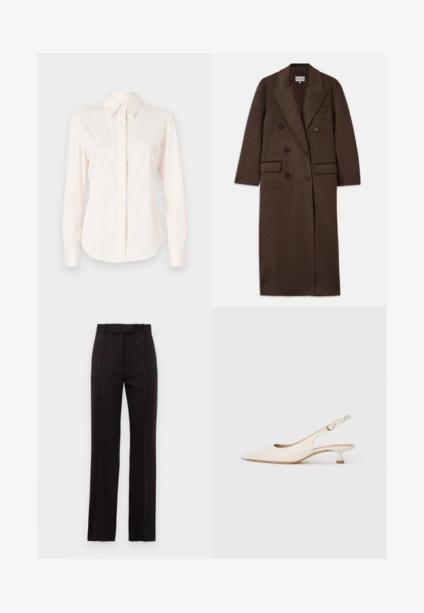 Brown long coat made of wool blend, featuring a double-breasted front, black buttons, large lapels, and two front pockets.; Light pink long-sleeve shirt made from smooth fabric, featuring a classic collar and buttoned placket, with fitted cuffs and a tailored shape.; Black tailored trousers with a straight leg design, featuring subtle pinstripes, belt loops, and a smooth texture.; Cream-colored pointed-toe slingback shoe with low kitten heel and gold buckle on plain white background.