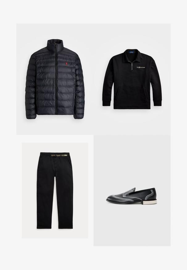 Fekete puffertakó magas gallérral, steppelt textúrával és elől cipzárral. Figyelemre méltó piros logóval a mellkason, két oldalsó zsebbel.; Fekete pulóver negyedcipzárral, hosszú ujjal és oldalzsebekkel. Az elején hímzett "Polo Ralph Lauren" logó található.; Fekete nadrág, könnyű anyagból készült, elasztikus derékpánttal és beépített zöld övvel, egyenes lábvonallal és oldalsó zsebekkel.; Fekete bőr loaferek fehér díszítő varrással és fémes díszítéssel a sarkon, sima felülettel és letisztult szilhuettel.