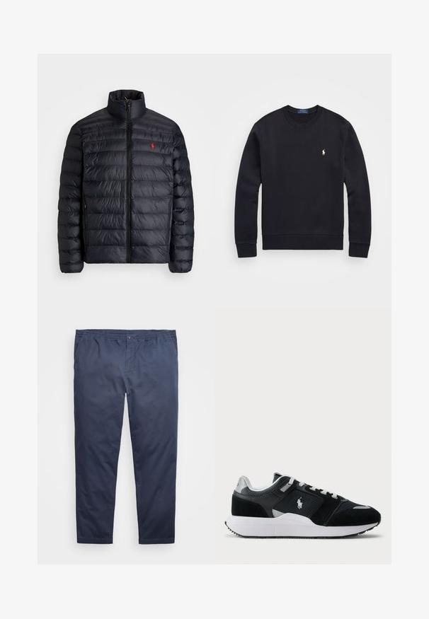 Μαύρο μπουφάν πούφρε με ψηλό γιακά, με ελαφρώς καπιτονέ υφή και μπροστινό φερμουάρ. Εντυπωσιακό κόκκινο λογότυπο στο στήθος, δύο πλαϊνές τσέπες.; Μαύρο φούτερ φτιαγμένο από μείγμα βαμβακιού, με στρογγυλή λαιμόκοψη, μακρύ μανίκι, ριμπ μανσέτες και στρίφω, και μια μικρή κεντημένη λογότυπο στο στήθος.; Ναυτικές μπλε παντελόνες από βαμβάκι, με ελαστική μέση, μπροστινές τσέπες και ίσια γραμμή. Λείο ύφασμα, χωρίς σχέδια.; Μαύρο και άσπρο χαμηλό sneaker με επάνω μέρος από δίχτυ και σουέτ, λευκές κορδόνες, λευκή σόλα και λογότυπο παίκτη πόλο στο πλάι.