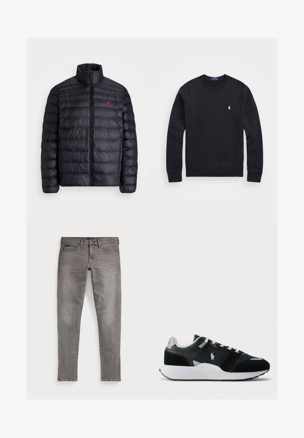 Svart puffjakke med høy krage, med kviltet tekstur og frontglidelås. Merkbar rød logo på brystet, to sidelommer.; Svart hettegenser laget av bomullsmiks, med rund hals, lange ermer, ribbede mansjetter og nederkant, samt et lite brodert logo på brystet.; Grå denimjeans, slim fit med rette ben. Har klassisk fem-lommersdesign, sømdetaljer og en lett falmet tekstur.; Svart-hvitt low-top sneaker med mesh og semsket skinn på overdelen, hvite snørebånd, hvit såle, og en polo-spiller logo på siden.