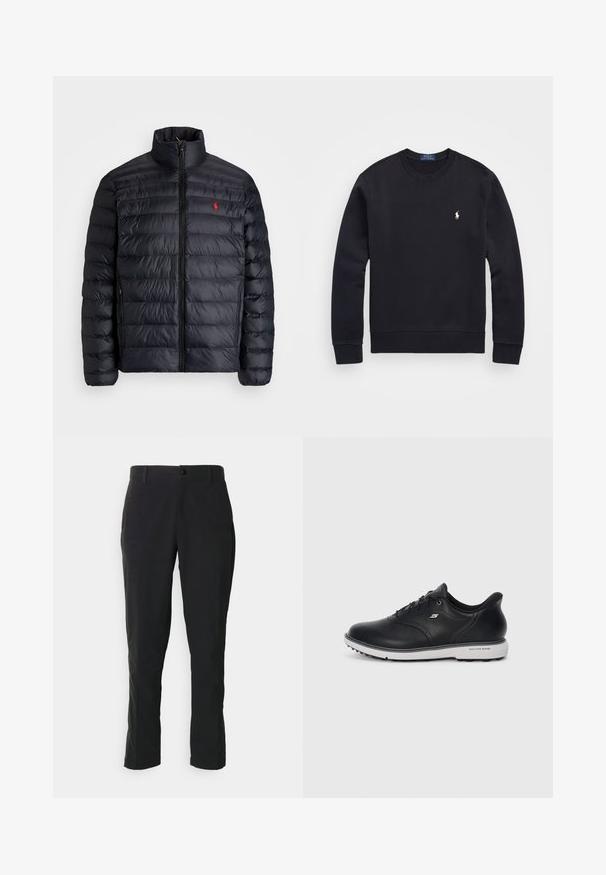 Juodas pūkuotas džemperis su aukštu apykakle, turintis siuvinėtą tekstūrą ir užtrauktuką priekyje. Pastebimas raudonas logotipas ant krūtinės, dvi šoninės kišenės.; Juodas džemperis, pagamintas iš medvilnės mišinio, su apvaliu kaklu, ilgomis rankovėmis, raišteliais ant rankovių ir apačios, o krūtinėje yra mažas siuvinėtas logotipas.; Juodi kelniai, pagaminti iš audinio, su tiesiomis kojomis, priekinėmis kišenėmis ir vienu mygtuku uždarymu bei užtrauktuku.; Juodas odinis batų modelis Skechers su raišteliais, balta pado dalimi, šoniniu logotipu ir tekstūruotu gripu padu prieš paprastą šviesią fono.