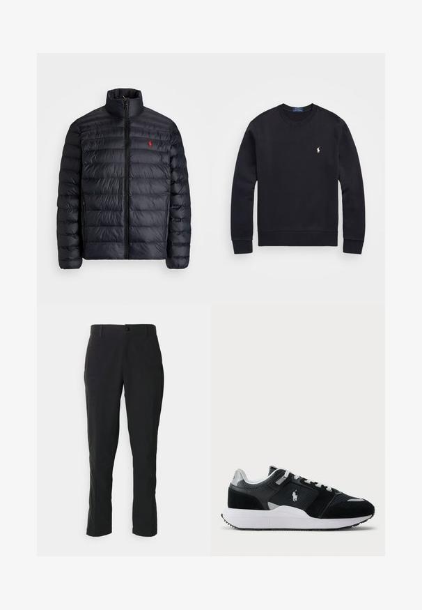 Juodas pūkuotas džemperis su aukštu apykakle, turintis siuvinėtą tekstūrą ir užtrauktuką priekyje. Pastebimas raudonas logotipas ant krūtinės, dvi šoninės kišenės.; Juodas džemperis, pagamintas iš medvilnės mišinio, su apvaliu kaklu, ilgomis rankovėmis, raišteliais ant rankovių ir apačios, o krūtinėje yra mažas siuvinėtas logotipas.; Juodi kelniai, pagaminti iš audinio, su tiesiomis kojomis, priekinėmis kišenėmis ir vienu mygtuku uždarymu bei užtrauktuku.; Juoda ir balta žema sneakeris su tinklo ir zomšos viršumi, baltais raišteliais, balta pado dalimi ir polo žaidėjo logotipu šone.