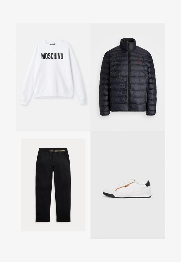 Czarna kurtka puchowa z wysokim kołnierzem, posiadająca pikowaną strukturę i zamek z przodu. Wyraźne czerwone logo na piersi, dwa boczne kieszenie.; Biała sweatshirt z miękkiej tkaniny, z okrągłym dekoltem, długimi rękawami i wyraźnym czarnym logo "MOSCHINO" nadrukowanym z przodu.; Czarne spodnie wykonane z lekkiego materiału, z elastycznym paskiem wbudowanym w zielony pas, prostą nogawką oraz bocznymi kieszeniami.; Białe buty sportowe z siateczkowymi i skórzanymi akcentami. Posiadają złote logo "BOSS", teksturowane boczne panele i czapkę pięty w kolorze czarnym. Gumowa podeszwa.