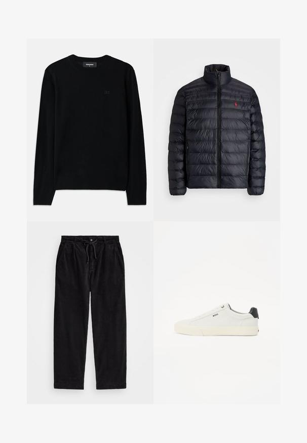 Giacca a vento nera con colletto alto, caratterizzata da una texture trapuntata e una chiusura frontale con zip. Logo rosso ben visibile sul petto, due tasche laterali.; Maglione nero a collo rotondo realizzato in morbido tessuto. Presenta maniche lunghe e un sottile dettaglio logo D2 sulla parte anteriore. Design semplice e classico.; Pantaloni in velluto a coste neri con una vestibilità rilassata, dotati di una vita elasticizzata con cordoncino e tasche laterali. Il tessuto presenta una texture a coste.; Sneaker bianco in pelle con finitura testurizzata, dotato di un tacco nero, punta rotonda e logo laterale con marchio in nero. Suola in gomma leggera.