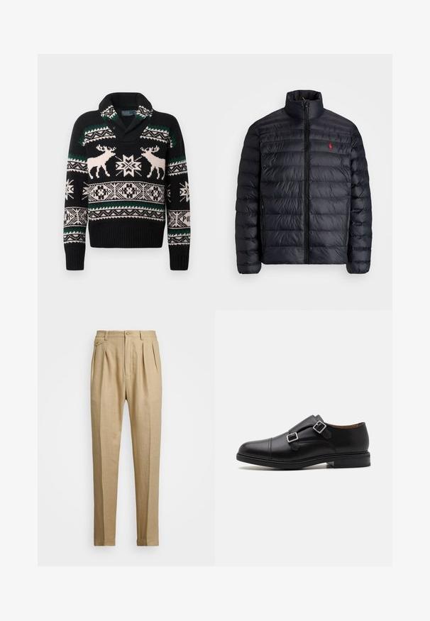 Casaco puffer preto com gola alta, apresentando textura acolchoada e um fecho à frente. Logotipo vermelho notável no peito, dois bolsos laterais.; Sweater de malha preto com padrões nórdicos brancos e verdes, apresentando dois rena brancos e desenhos geométricos de flocos de neve no peito e nas mangas.; Calças de linho bege com corte reto, apresentando dois plissados frontais, fecho com botão e bolsos laterais. Tecido texturizado com um acabamento suave.; Sapata de couro preto com fecho de fivela dupla, biqueira arredondada, costura subtil e sola de borracha texturada e plana.