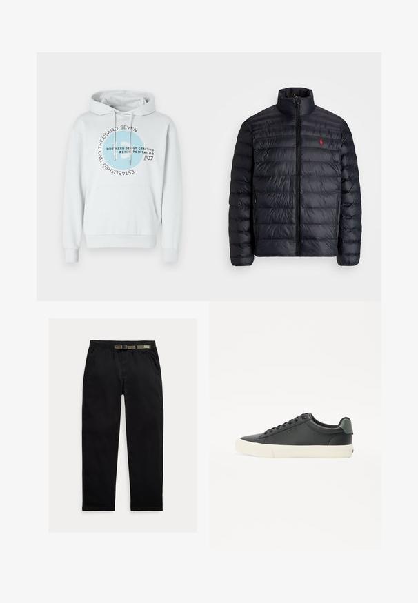 Svart pufferjacka med hög krage, med kviltad struktur och dragkedja fram. Anmärkningsvärd röd logotyp på bröstet, två sidofickor.; Ljusgrå hoodie i bomullsblandning. Har en känguruficka, justerbar dragsko på huvan och cirkulär grafisk tryck i blått och svart.; Svarta byxor tillverkade av lättviktigt tyg, med en elastisk midja och ett integrerat grönt bälte, rakt ben och sidofickor.; Svarta lädersneakers med en texturerad yta, vit gummisula, rund tå och grönt inslag vid hälen. Design med snörning genom sex öglor.