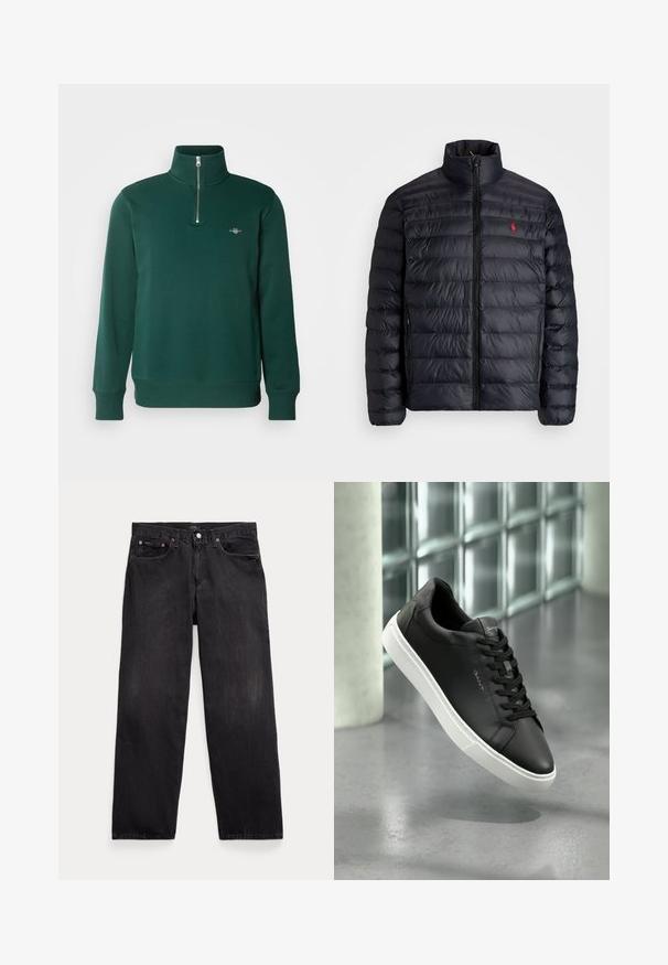 Melnā pūkainā jaka ar augstu apkakli, ar kvadrātkūtīgu tekstūru un priekšējo rāvējslēdzēju. Ievērojams sarkans logos uz krūtīm, divas sānu kabatas.; Zaļš ar rāvējslēdzēju aizslietne džemperis. Iezīmē augstu apkakli, garas piedurknes un nelielu logotipu uz krūšu. Mīksta, gluda auduma.; Melnas džinsu bikses ar brīvu piegriezumu, ar pieciem kabatām, pogu jostas vietā un maigi izbalējušām krāsām visā audumā.; Melna ādas kedu ar baltu gumijas zoli, apaļu purngalu un auklām. Galvenā iezīme ir gluda tekstūra un diskrēta zīmola simbolika uz mēles.