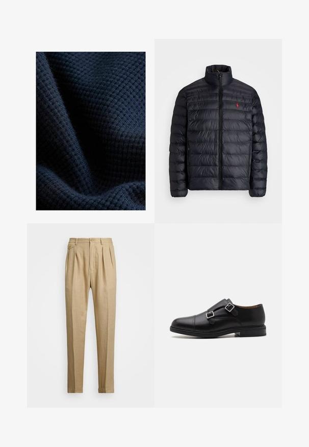 Svart pufferjacka med hög krage, med kviltad struktur och dragkedja fram. Anmärkningsvärd röd logotyp på bröstet, två sidofickor.; Mörk marinblå strukturerad tyg med ett rutnätsmönster, som visar en mjuk, stickad utseende och lätt glans.; Beiga linnbyxor med rak passform, med två framveck, knappstängning och sidofickor. Strukturerad tyg med en mjuk yta.; Svarta läderskor med dubbelspänne, rund tå, subtila sömmar och en platt, texturerad gummisula.