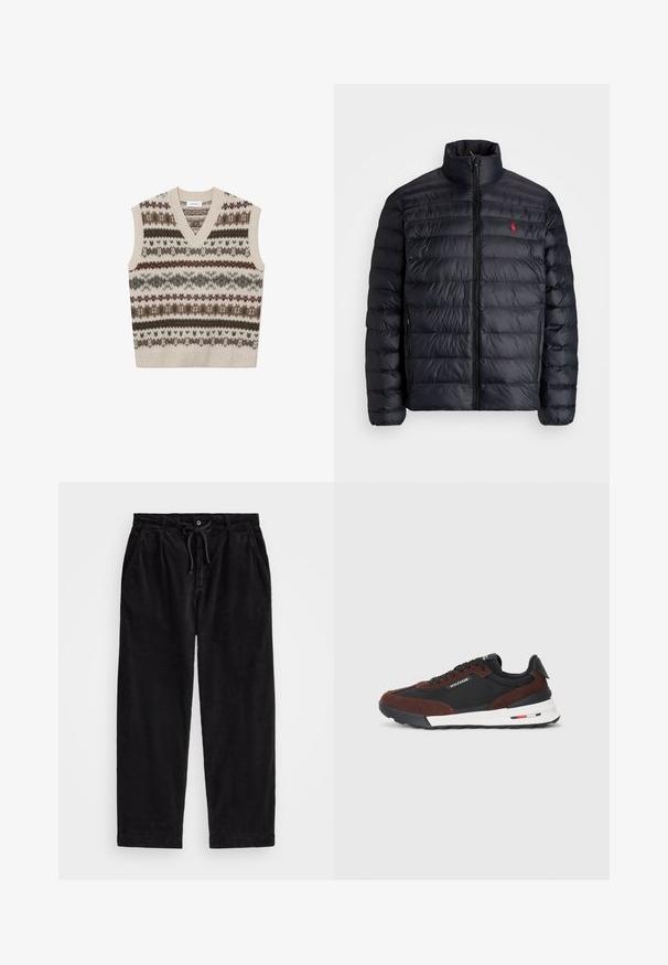 Črna napihnjena jakna z visokim ovratnikom, z quiltano teksturo in sprednjim zadrgo. Opazen rdeč logotip na prsih, dve stranski žepu.; Les Deux HORDUR FAIR ISLE - Pulover - sand; Črne kord pants z udobnim krojem, ki imajo elastičen pas z vrvico in stranske žepke. Tkanina prikazuje rebrasto teksturo.; Tommy Hilfiger RETRO RUNNER MIX - Športni copati - black/cocoa