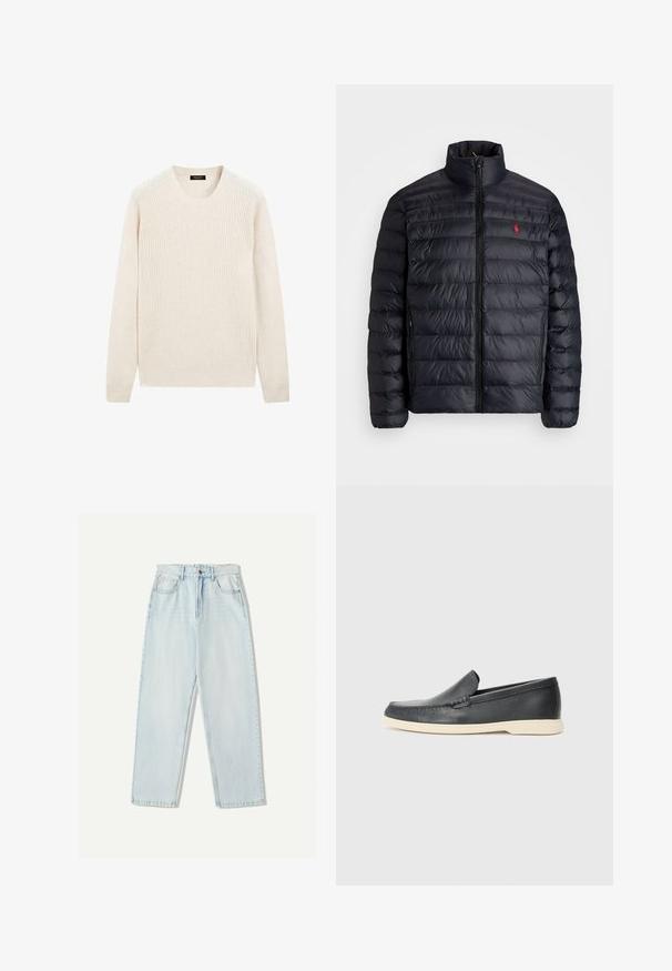 Schwarze Daunenjacke mit hohem Kragen, mit gestepptem Design und einem frontalen Reißverschluss. Auffälliges rotes Logo auf der Brust, zwei Seitentaschen.; Cremfarbener gestrickter Rundhals-Pullover mit langen Ärmeln sowie Rippenbündchen und -saum, flach auf einem weißen Hintergrund ausgelegt.; Helle blaue Denim-Jeans mit lässiger Passform, geradem Beindesign, Fünf-Taschen-Stil und dezentem Verblassen des Stoffes.; Schwarze Leder-Slipper mit strukturiertem Finish und einer kontrastierenden beige Gummisohle. Mit einem dezenten Akzent an der Vorderseite.
