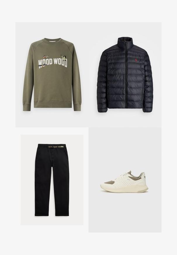 Casaco puffer preto com gola alta, apresentando textura acolchoada e um fecho à frente. Logotipo vermelho notável no peito, dois bolsos laterais.; Sweatshirt verde-oliva com gola redonda e mangas raglan. Apresenta borboletas bordadas e o texto "WOOD WOOD" em branco.; Calças pretas feitas de um tecido leve, com uma cintura elástica com um cinto verde integrado, corte reto e bolsos laterais.; Sapatilha atlética branca e bege claro, com parte superior em malha, detalhes perfurados e uma entressola texturizada com marcação no calcanhar.