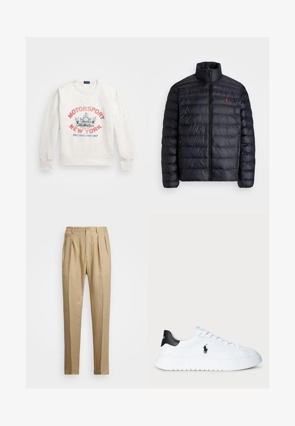 Casaco puffer preto com gola alta, apresentando textura acolchoada e um fecho à frente. Logotipo vermelho notável no peito, dois bolsos laterais.; Sweatshirt branco com punhos e bainha canelados. Apresenta uma gráfica colorida com "MOTORSPORT NEW YORK" e um design de corrida. Estilo clássico de gola redonda.; Calças de linho bege com corte reto, apresentando dois plissados frontais, fecho com botão e bolsos laterais. Tecido texturizado com um acabamento suave.; Sapatilhas brancas de cano baixo com tabuleiro de calcanhar preto e logótipo da Polo Ralph Lauren em preto na lateral, apresentando atacadores brancos e sola de borracha grossa.