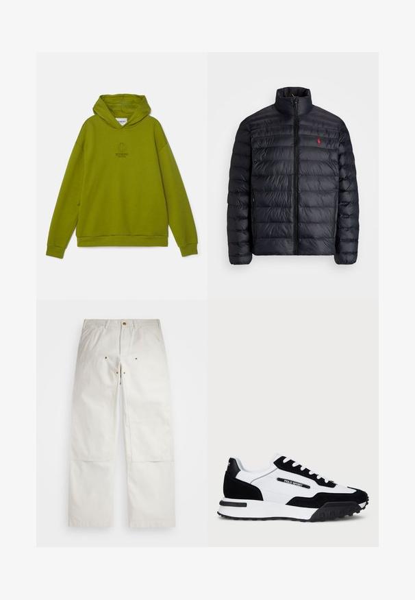 Musta puffatakki, jossa on korkea kaulus, tikkikuviointi ja etuvetoketju. Huomattava punainen logo rinnassa, kaksi sivutaskua.; Iceberg FELPA - Collegepaita - verde oliva; Valkoiset puuvillahousut, joissa on rento malli, etutaskut, kultaiset yksityiskohdat ja polvipatchit.; Kengät mustasta mokasta ja valkoisesta nahasta, joissa on musta kumipohja, valkoiset nauhat ja "POLO SPORT" -logo sivussa.