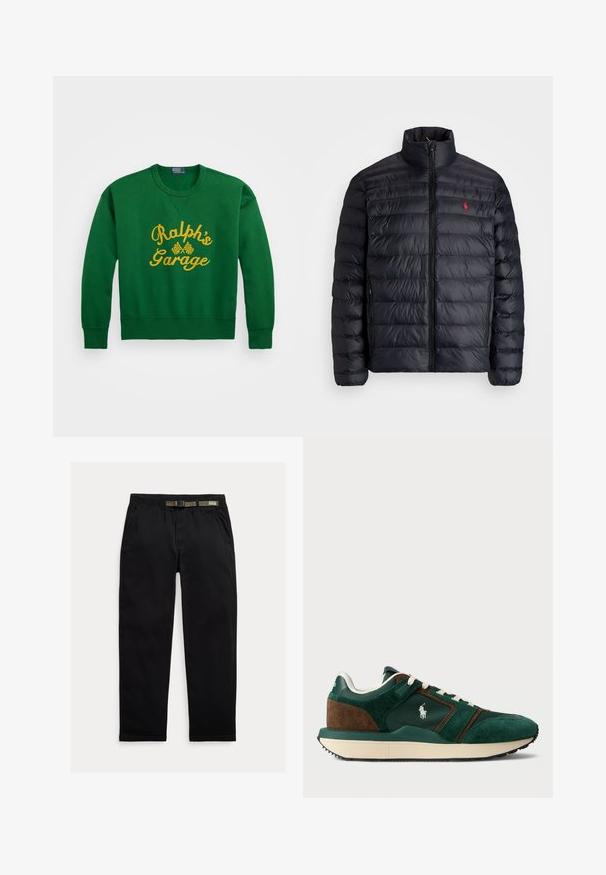Casaco puffer preto com gola alta, apresentando textura acolchoada e um fecho à frente. Logotipo vermelho notável no peito, dois bolsos laterais.; Sweat-shirt verde com decote redondo, apresentando texto amarelo bordado "Ralph’s Garage" e detalhes de bandeira quadriculada. Material em mistura de algodão.; Calças pretas feitas de um tecido leve, com uma cintura elástica com um cinto verde integrado, corte reto e bolsos laterais.; Ténis masculinos em camurça verde-escuro e castanho, com painéis de malha, atacadores brancos e uma sola de borracha. Apresenta um logótipo na lateral.