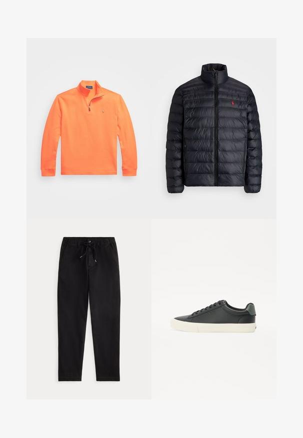 Chaqueta de abrigo negra con cuello alto, con textura acolchada y cremallera frontal. Logo rojo notable en el pecho, dos bolsillos laterales.; Sudadera de cremallera naranja hecha de una mezcla de algodón, con cuello simulado, mangas largas y un pequeño logo en el pecho.; Pantalones casuales negros con cinturilla elástica, cordón ajustable, botón frontal y bolsillos laterales, exhibidos sobre un fondo simple.; Zapatilla negra de cuero con acabado texturizado, suela de goma blanca, puntera redonda y detalle verde en el talón. Diseño de cordones con seis ojales.