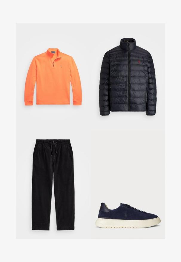 Svart puffjakke med høy krage, med kviltet tekstur og frontglidelås. Merkbar rød logo på brystet, to sidelommer.; Oransje zip-up genser laget av en bomullsblanding, med en høy krage, lange ermer og en liten logo på brystet.; Svart corduroybukser med avslappet passform, med elastisk midjebånd og snor, samt sidelommer. Stoffet har ribbet tekstur.; Marineblå semsket lavsko med en teksturert overflate, gummisåle og tonede snører, med en liten logo på siden og hælen.