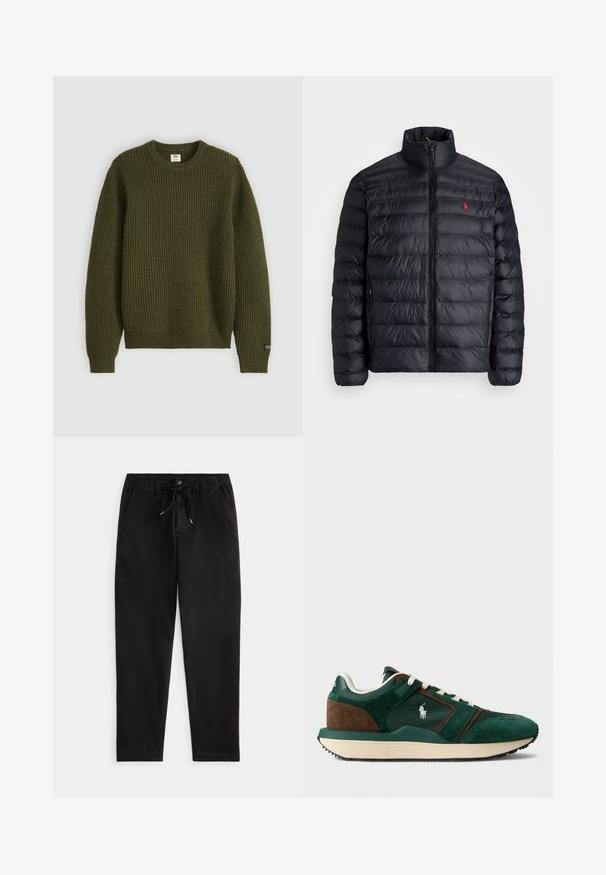 Črna napihnjena jakna z visokim ovratnikom, z quiltano teksturo in sprednjim zadrgo. Opazen rdeč logotip na prsih, dve stranski žepu.; Olivno zelena pletena pulover z okroglim izrezom, teksturiranim rebrastim vzorcem, dolgimi rokavi in majhnim logotipnim oznako na levem rokavu.; Črne sproščene hlače z elastičnim pasom, vezalko, sprednjim gumbom in stranskimi žepi, prikazane na enostavni podlagi.; Moške superge v temno zeleni in rjavi usnju, z mrežastimi paneli, belimi vezalkami in gumijastim podplatom. Vsebujejo logo na strani.