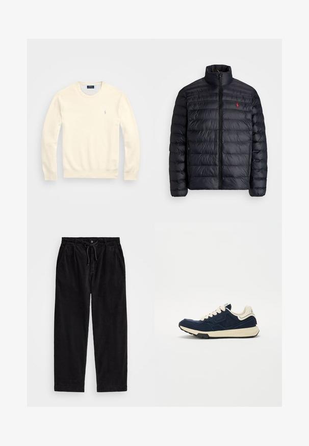 Casaco puffer preto com gola alta, apresentando textura acolchoada e um fecho à frente. Logotipo vermelho notável no peito, dois bolsos laterais.; Polo Ralph Lauren MESH-KNIT COTTON CREWNECK SWEATER - Camisola - herbal milk; Calças de veludo cotelê pretas com um ajuste relaxado, apresentando uma cintura elástica com cordão e bolsos laterais. O tecido apresenta uma textura canalizada.; Tênis azul-marinho com upper de camurça texturizada, atacadores creme e meio-sola bege. Apresenta um design atlético clássico e sola de borracha.