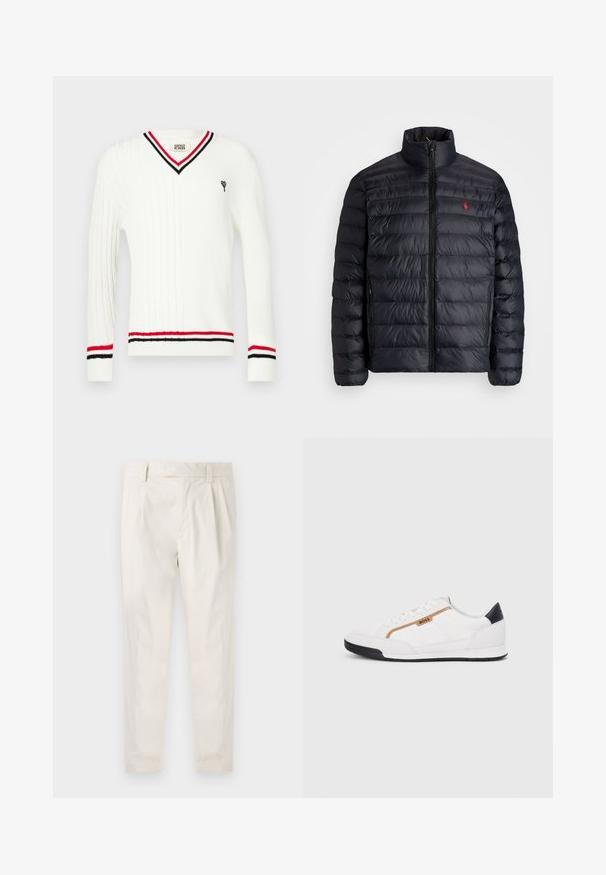 Svart puffjakke med høy krage, med kviltet tekstur og frontglidelås. Merkbar rød logo på brystet, to sidelommer.; Hvit kabelstrikket genser med V-hals, med svarte og røde stripete detaljer på kragen og mansjettene, og et lite brodert motiv.; Hvite, pregede bukser med skreddersydd passform, som har en jevn tekstur, beltehemper og avsmalnende ben. Ingen synlige lommer eller mønstre.; Hvite sporty sko med mesh- og lærdetaljer. Har en gull "BOSS"-logo, teksturerte sidepaneler og en svart hælbru. Gummisåle.