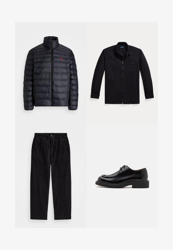 Black puffer jacket with a high collar, featuring quilted texture and a front zipper. Notable red logo on the chest, two side pockets.; Black jacket made of lightweight fabric, featuring a zip front, point collar, and left chest pocket with logo. Long sleeves with cuff detail.; Black corduroy pants with a relaxed fit, featuring an elastic waistband with a drawstring, and side pockets. Fabric shows ribbed texture.; Black leather shoe with a rounded toe, stitched detailing, minimal laces, and a thick rubber sole for traction and durability.