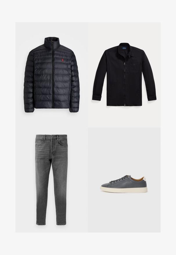 Juodas pūkuotas džemperis su aukštu apykakle, turintis siuvinėtą tekstūrą ir užtrauktuką priekyje. Pastebimas raudonas logotipas ant krūtinės, dvi šoninės kišenės.; Juodas švarkas, pagamintas iš lengvos medžiagos, su užtrauktuku priekyje, taškais ir kairėje krūtinės pusėje esančia kišene su logotipu. Ilgos rankovės su rankogalių detalėmis.; Pilki džinsai su tiesiu kirpimu, pasižymintys klasikinio penkių kišenių dizainu ir subtiliu nusidėvėjimu. Sagtys ir užtrauktukas juosmens srityje.; Pilkas odinis sportbačiai su apvaliu nosiu, guminėmis padangomis, lygiais raišteliais ir šviesiomis akcentais ant kulno. Lygus paviršius ir minimalistinis dizainas.