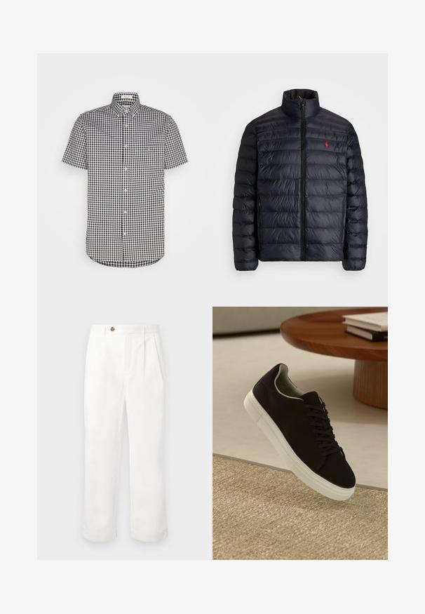Sort pufferjakke med høj krave, præget med quiltet tekstur og lynlås foran. Bemærkelsesværdigt rødt logo på brystet, to sidelommer.; Korteærmet button-up skjorte i sort og hvid ternet mønster, lavet af bomuldsmateriale, med spids krave og brystlomme.; Hvide bomuldsbukser med lige snit, der har to frontfolder, en enkelt knaplukning og sidelommer. Glat tekstur.; Sort sneaker med hvid sål svævende over en beige tekstureret tæppe nær et rundt trætabel med stablede bøger.