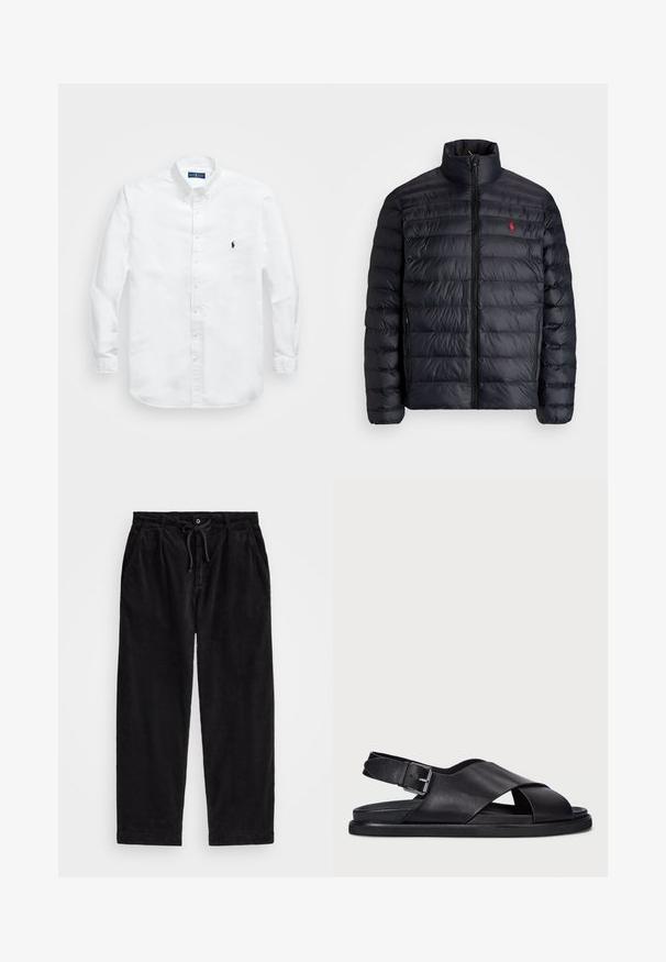Svart puffjakke med høy krage, med kviltet tekstur og frontglidelås. Merkbar rød logo på brystet, to sidelommer.; Hvit langermet skjorte med knapper i bomull og med spiss krage. Har en liten marineblå logo på venstre bryst og knappede mansjetter.; Svart corduroybukser med avslappet passform, med elastisk midjebånd og snor, samt sidelommer. Stoffet har ribbet tekstur.; Polo Ralph Lauren ZANE LEATHER SANDAL - Sandaler - black
