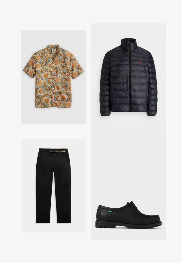 Casaco puffer preto com gola alta, apresentando textura acolchoada e um fecho à frente. Logotipo vermelho notável no peito, dois bolsos laterais.; Camisa de botão de mangas curtas com uma base em azul-verdoso e padrões florais e de folhas em tons de laranja, amarelo e vermelho; tecido leve com um corte descontraído.; Calças pretas feitas de um tecido leve, com uma cintura elástica com um cinto verde integrado, corte reto e bolsos laterais.; Sapato preto de pele com perfil baixo, bico redondo e sola texturizada. Apresenta etiqueta verde "POLO" e costura em contraste ao longo da borda.