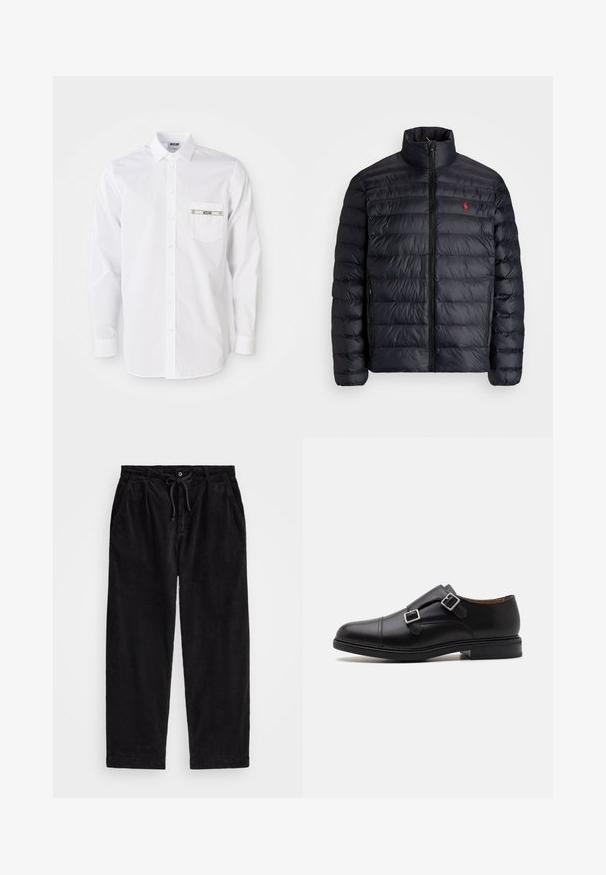 Chaqueta de abrigo negra con cuello alto, con textura acolchada y cremallera frontal. Logo rojo notable en el pecho, dos bolsillos laterales.; Camisa blanca de manga larga fabricada en algodón. Presenta un cierre frontal de botones, cuello en punta y un pequeño bolsillo con marca en el pecho.; Pantalones de pana negra con corte relajado, que cuentan con una cinturilla elástica con cordón ajustable y bolsillos laterales. La tela presenta una textura acanalada.; Zapato de vestir negro de cuero con cierre de doble hebilla, punta redonda, costuras sutiles y suela de goma plana y texturizada.