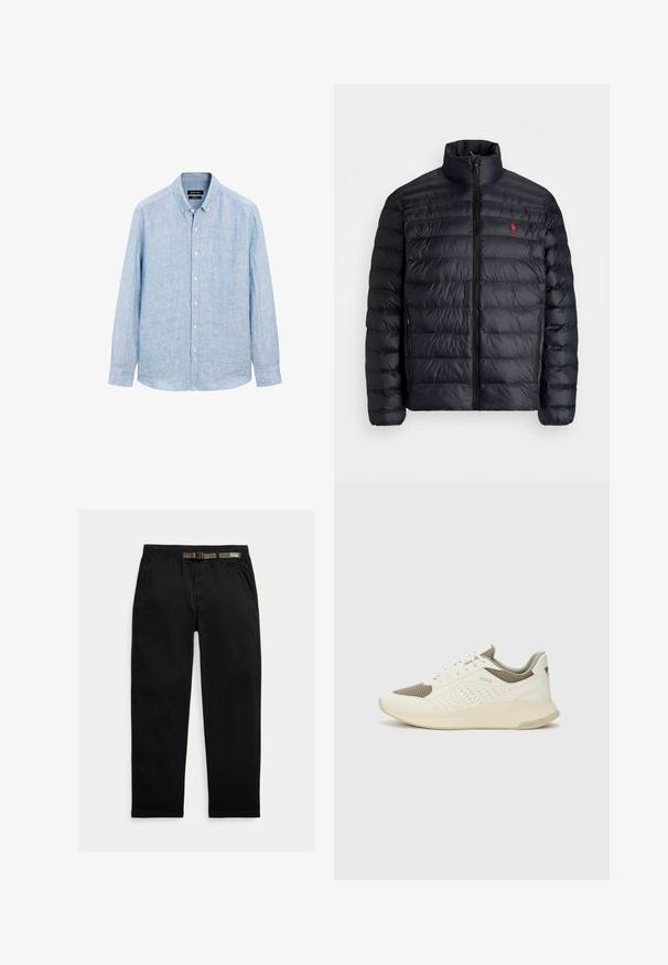 Zwarte pufferjas met hoge kraag, met een gequiltde textuur en een rits aan de voorkant. Opvallend rood logo op de borst, twee zijzakken.; Lichtblauw, langärmelige button-up shirt gemaakt van een gestructureerde stof. Beschikt over een button-down kraag en een voorplacket met witte knopen.; Zwarte broek van lichtgewicht stof, met een elastische tailleband en een geïntegreerde groene riem, recht model en zijzakken.; Witte en lichtbeige sport sneaker, met een bovenwerk van mesh, geperforeerde details en een gestructureerde tussenzool met branding op de hiel.