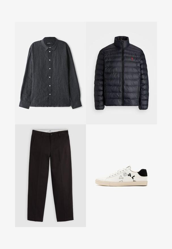 Musta puffatakki, jossa on korkea kaulus, tikkikuviointi ja etuvetoketju. Huomattava punainen logo rinnassa, kaksi sivutaskua.; Musta harmaa pellavainen pitkähihainen paita, jossa on napillinen kaulus. Paidassa on edessä nappilista valkoisilla napeilla ja se on rentoa mitoitusta.; Mustat suorat chinosit vyölenkeillä, nappisuljettuna ja sivutaskuilla, esillä vaaleanharmaalla taustalla.; Valkoinen nahkakengät mustilla yksityiskohdilla kantapäässä, joissa on rohkeaa mustaa tekstiä sivussa ja kumipohja. Minimalistinen muotoilu.
