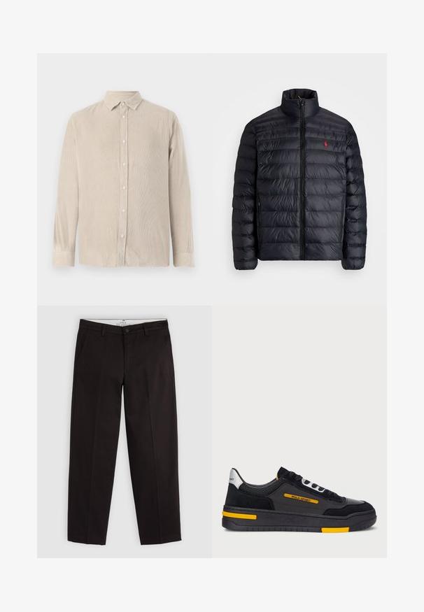 Zwarte pufferjas met hoge kraag, met een gequiltde textuur en een rits aan de voorkant. Opvallend rood logo op de borst, twee zijzakken.; Lichtbeige corduroy overhemd met een knoopsluiting aan de voorkant, lange mouwen en een kraag. Verticale ribbeltextuur over het hele shirt. Slank fit ontwerp.; Zwarte rechte chino's met riemlussen, knoopsluiting en zijzakken, weergegeven op een lichtgrijze achtergrond.; Zwarte sneakers met een bovenwerk van suède en mesh, gele accenten en een dikke zwarte zool. Vetersluiting en "POLO SPORT" branding op de zijkant.