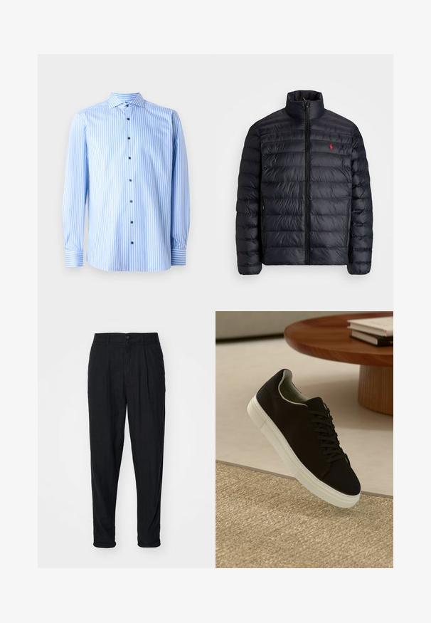 Must läikiv must puffer-jakk kõrge kraega, millel on distsiplineeritud õmmeldud tekstuur ja ettepoole avanev lukustus. Silmapaistev punane logo rinnal ja kaks küljetaskut.; Hele helesinine nööbitav särg, millel on valged vertikaalsed triibud, pikad varrukad ja laia kaeluse. Särgil on sinised nööbid ja mansettide aktsendid.; Mustad lina püksid, millel on lõdvestatud istuvus, varustatud nööpidega, volditud detailide ja kokku rullitud taskuotsadega. Sile tekstuur ja minimaalne disain.; Mustad musta tossuga valge tallaga, mis hõljub beeži tekstuuriga vaiba kohal, ümaral puidust laual, mille peal on kokku virnastatud raamatud.
