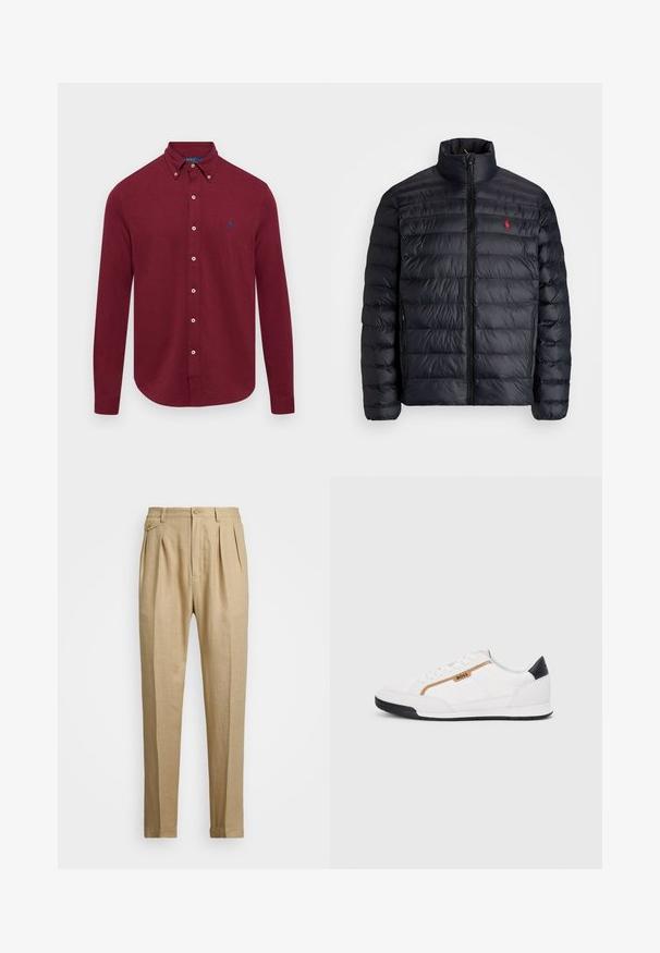 Črna napihnjena jakna z visokim ovratnikom, z quiltano teksturo in sprednjim zadrgo. Opazen rdeč logotip na prsih, dve stranski žepu.; Polo Ralph Lauren FEATHERWEIGHT SHIRT - Srajca - vintage port heather; Beige lanene hlače s ravnim krojem, ki imajo dva sprednja pregiba, gumbasto zapiranje in stranske žepi. Teksturna tkanina z gladkim zaključkom.; Bele športne čevlje z mrežnimi in usnjenimi detajli. Opremljeni so z zlatim logotipom "BOSS", teksturiranimi stranskimi paneli in črnim kapcom na peti. Guma podplat.