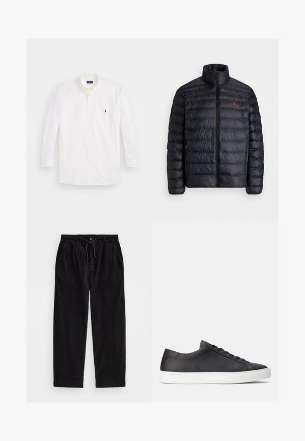 Svart puffjakke med høy krage, med kviltet tekstur og frontglidelås. Merkbar rød logo på brystet, to sidelommer.; Hvit langermet skjorte med knappelukking laget av bomull. Har klassisk krage, gullknapper og en liten blå logo på venstre bryst.; Svart corduroybukser med avslappet passform, med elastisk midjebånd og snor, samt sidelommer. Stoffet har ribbet tekstur.; Svart lær sneakers med lav profil, rund tå, hvit gummisåle og flate snørebånd. Diskrete logo detaljer på siden og tungen.