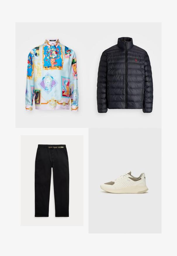 Zwarte pufferjas met hoge kraag, met een gequiltde textuur en een rits aan de voorkant. Opvallend rood logo op de borst, twee zijzakken.; Zijden button-up shirt met een kleurrijke, artistieke print van bloemen en klassieke motieven, voornamelijk blauw met accenten van roze en goud.; Zwarte broek van lichtgewicht stof, met een elastische tailleband en een geïntegreerde groene riem, recht model en zijzakken.; Witte en lichtbeige sport sneaker, met een bovenwerk van mesh, geperforeerde details en een gestructureerde tussenzool met branding op de hiel.