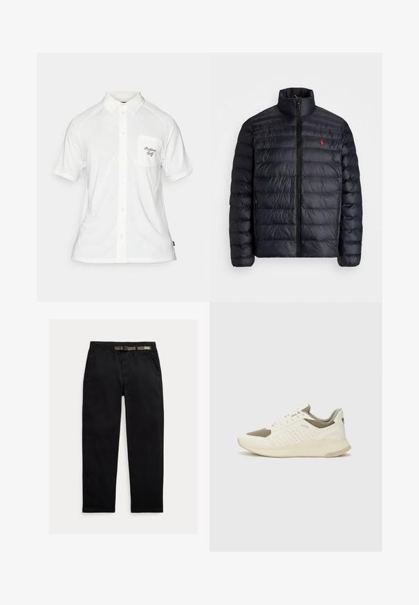 Sort pufferjakke med høj krave, præget med quiltet tekstur og lynlås foran. Bemærkelsesværdigt rødt logo på brystet, to sidelommer.; Hvid kortærmet polo-shirt med knaplukning, struktureret stof og en lomme på venstre bryst med sort broderet tekst.; Sorte bukser lavet af letvægtsstof, med en elastisk talje og et integreret grønt bælte, lige ben og sidelommer.; Hvide og lyse beige sportssko med en mesh-overdel, perforerede detaljer og en tekstureret mellemsål med branding på hælen.