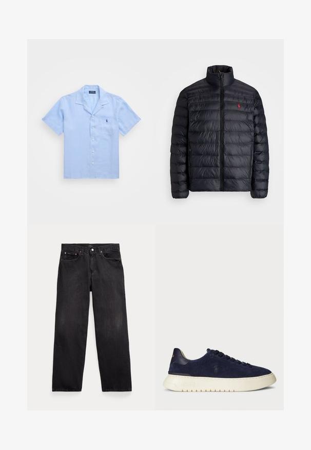 Μαύρο μπουφάν πούφρε με ψηλό γιακά, με ελαφρώς καπιτονέ υφή και μπροστινό φερμουάρ. Εντυπωσιακό κόκκινο λογότυπο στο στήθος, δύο πλαϊνές τσέπες.; Ανοιχτό μπλε κοντομάνικο πουκάμισο από λινό με κολλέγια, μπροστινή τσέπη και πέντε κουμπιά κατά μήκος της πλάκας. Λογότυπο μάρκας στην τσέπη.; Μαύρα τζιν παντελόνια με χαλαρή εφαρμογή, διαθέτοντας πέντε τσέπες, κούμπωμα με κουμπί και διακριτική φθορά σε όλο το ύφασμα.; Ναυτικό σουέτ χαμηλό αθλητικό παπούτσι με υφή, καουτσούκ σόλα και τονικές κορδόνες, που διαθέτει ένα μικρό λογότυπο στο πλάι και στην φτέρνα.