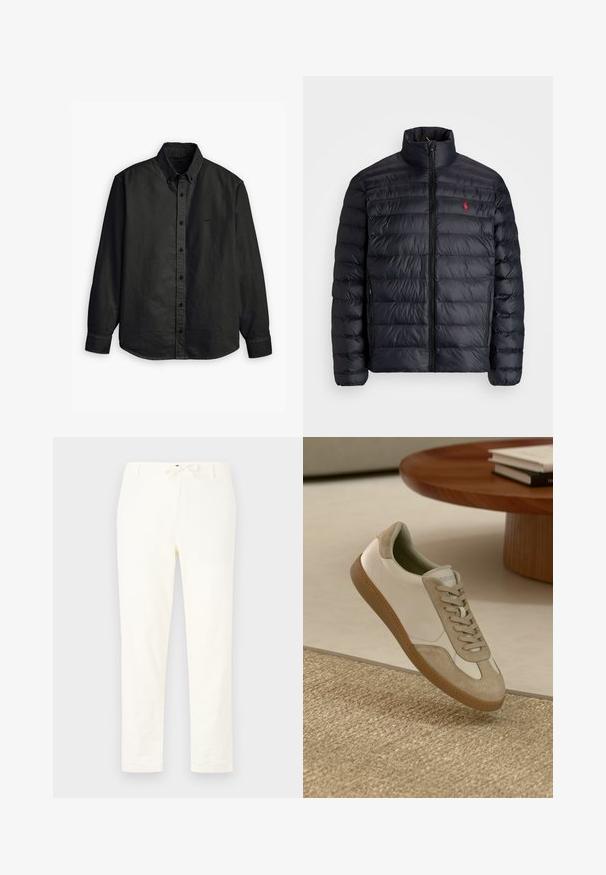 Svart puffjakke med høy krage, med kviltet tekstur og frontglidelås. Merkbar rød logo på brystet, to sidelommer.; Levi's® AUTHENTIC BUTTON DOWN - Button down-skjorte - kincaid jet black garment dye; Hvite, lette linbukser med snor i livet. Rett ben-design, minimal tekstur, og uten synlige mønstre eller detaljer i maskinvare.; Lett sko med en hvit skinn-overdel og beige semsket skinn-detaljer, rund tupp og en teksturert brun gummisåle.