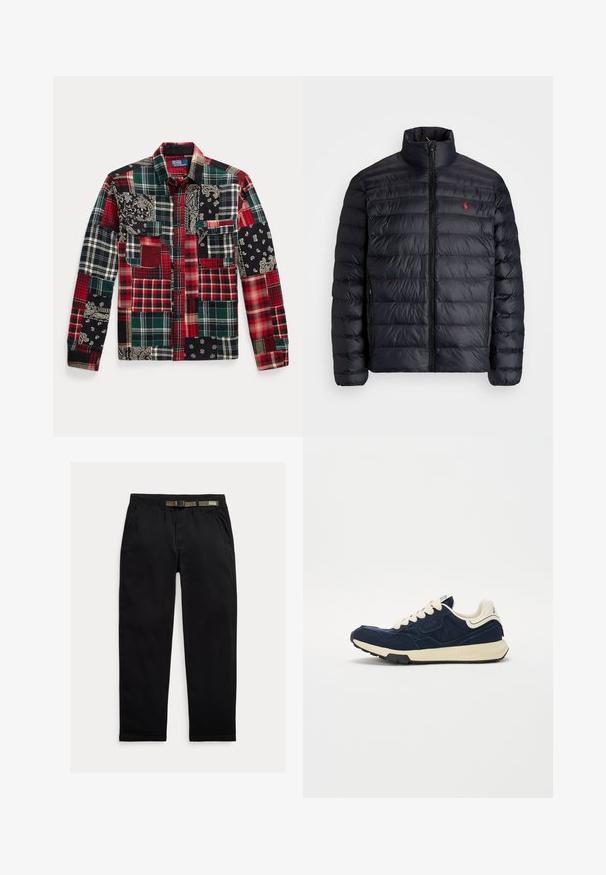 Juodas pūkuotas džemperis su aukštu apykakle, turintis siuvinėtą tekstūrą ir užtrauktuką priekyje. Pastebimas raudonas logotipas ant krūtinės, dvi šoninės kišenės.; Siūtas marškinis su įvairių raudonos, žalios, juodos ir baltos spalvų languotų audinių deriniu, su paisley raštais ir keliais kišenėmis.; Juodos kelnės, pagamintos iš lengvo audinio, su elastinga juosta ir integruota žalia diržo dalimi, tiesaus kirpimo ir šonomis kišenėmis.; Tamsiai mėlynos spalvos sportbačiai su tekstūruota zomšinė viršutine dalimi, kreminėmis raišteliais ir smėlio spalvos viduriu. Yra klasikinio sportinio dizaino ir guma dengtu padu.