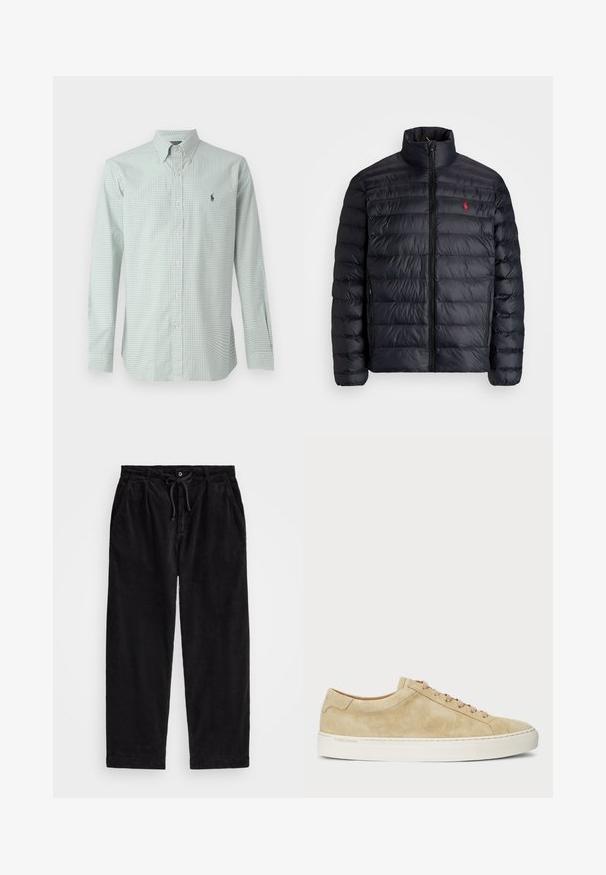 Svart puffjakke med høy krage, med kviltet tekstur og frontglidelås. Merkbar rød logo på brystet, to sidelommer.; Lys grønn gingham knapp-up skjorte med lange ermer, klassisk krage og liten marineblå logo på brystet. Har hvite knapper og teksturert stoff.; Svart corduroybukser med avslappet passform, med elastisk midjebånd og snor, samt sidelommer. Stoffet har ribbet tekstur.; Beige mockaskinn sneakers med lav profil, rund tå, og beige lisser. Har en hvit gummisåle og diskret merking på siden.