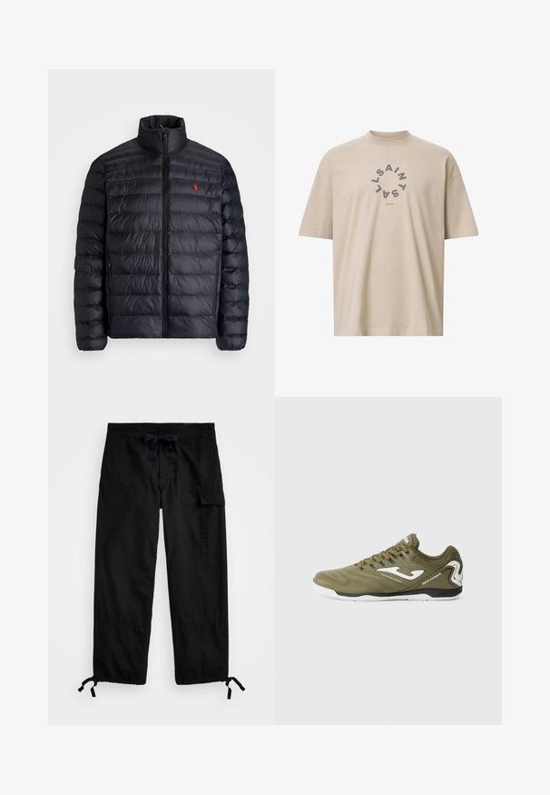 Must läikiv must puffer-jakk kõrge kraega, millel on distsiplineeritud õmmeldud tekstuur ja ettepoole avanev lukustus. Silmapaistev punane logo rinnal ja kaks küljetaskut.; Beige ülepaisutatud t-särk, mis on valmistatud puuvillast, sisaldab tumedad halli ümmargust graafikat, mille keskosas on tekst "SAINT LONDON".; Mustad mustapüksid elastse vöökoha ja nööriga. Omavad külgtaskuid ja reguleeritavaid varrukaotsi tõmblukkudega. Valmistatud kergest kangast.; Olive roheline spordijalgpall, millel on valged aktsendid, tekstureeritud nahkpealne, polsterdatud krae ja kummist tallad. Küljel on logo.