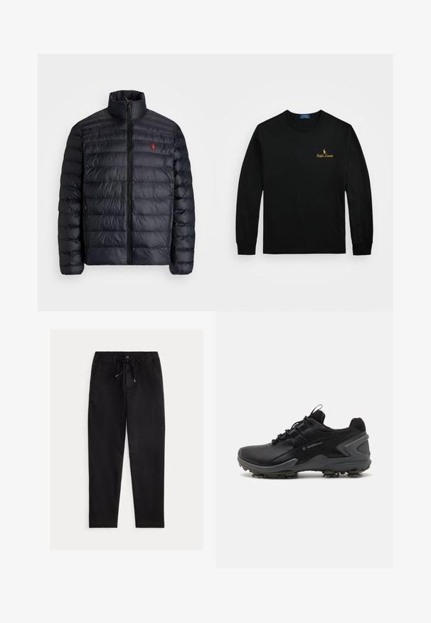 Svart puffjakke med høy krage, med kviltet tekstur og frontglidelås. Merkbar rød logo på brystet, to sidelommer.; Langermet svart T-skjorte laget av bomull med rund hals. Har et gullbrodert logo på brystet med merkenavnet.; Svart, bukser med avslappet passform, elastisk midje, snor og frontlommer. Laget av glatt, lett stoff.; Sorte treningssko med en glatt syntetisk overdel, teksturert mesh-krage og gummisåle med formede grepstikker.