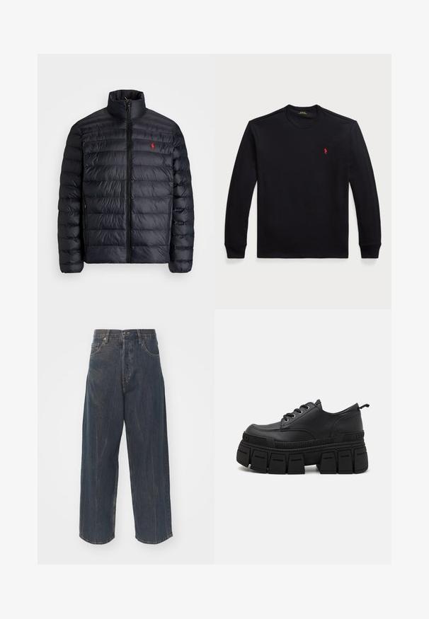 Giacca a vento nera con colletto alto, caratterizzata da una texture trapuntata e una chiusura frontale con zip. Logo rosso ben visibile sul petto, due tasche laterali.; Maglietta nera di cotone a maniche lunghe con scollo tondo, dotata di un piccolo logo rosso sul petto. Texture liscia e design aderente.; Jeans in denim blu scuro a gamba ampia con una sottile texture strappata, cinque tasche e una chiusura classica con bottone e zip in vita.; Buffalo GOSPHER LACE UP - Stringate - black