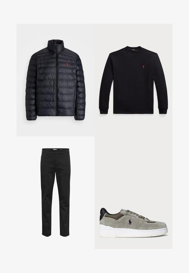 Black puffer jacket with a high collar, featuring quilted texture and a front zipper. Notable red logo on the chest, two side pockets.; Long-sleeve black cotton shirt with crew neckline, featuring a small red logo on the chest. Smooth texture and fitted design.; Black cotton chinos with a straight-leg design, featuring a front button closure, belt loops, and side pockets for functionality.; Gray suede sneaker featuring a textured upper, contrasting black heel, white sole, and embroidered logo. Lace-up design with six eyelets.