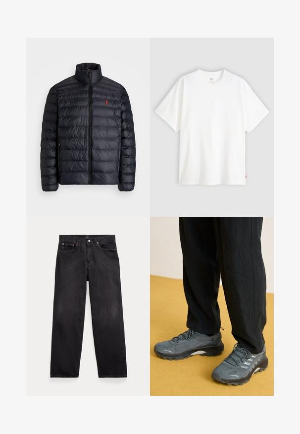 Juodas pūkuotas džemperis su aukštu apykakle, turintis siuvinėtą tekstūrą ir užtrauktuką priekyje. Pastebimas raudonas logotipas ant krūtinės, dvi šoninės kišenės.; Baltas trumpas rankovės marškinėlis, pagamintas iš medvilnės, su apvalia iškirpte. Priekyje yra subtilus iškilus logotipas ir raudonas etiketas ant apačios.; Juodi džinsai su laisvu siluetu, turintys penkias kišenes, sagų užsegimą ir švelnų blukimą visame audinyje.; Pilkas tinklinis ir sintetinių medžiagų sportinis batus su ryškiu protektoriumi, atspindinčiomis detalėmis ir rasteliu, derinami su laisvomis juodomis kelnėmis.