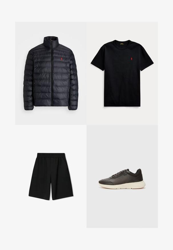 Black puffer jacket with a high collar, featuring quilted texture and a front zipper. Notable red logo on the chest, two side pockets.; Black cotton t-shirt with short sleeves, crew neck, and small red embroidered logo on the left chest. Smooth texture, casual design.; Black cotton shorts with an elastic waistband, side pockets, and a relaxed fit, featuring smooth texture and straight hem.; Dark brown sneaker with a textured leather upper, perforated details, and a lightweight cream sole. Features laces and subtle branding.