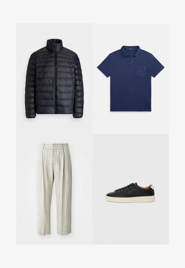 Musta puffatakki, jossa on korkea kaulus, tikkikuviointi ja etuvetoketju. Huomattava punainen logo rinnassa, kaksi sivutaskua.; Laivastonsininen puuvillainen poolopaita, jossa on käännetty kaulus, lyhyet hihat ja rintatasku, jossa on pieni logodetalji.; Valkoiset raidalliset housut, jotka on valmistettu kevyestä kankaasta, rento istuvuus, laskokset ja vyötärönauha, jossa on vyölenkit. Pystysuorat laivastonsiniset raidat.; Mustat nahkasneakerit, joissa on sileä pinta, beige kumipohja, nauhakiinnitys ja erottuva kanta-aksentti.