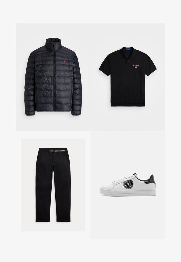 Svart puffjakke med høy krage, med kviltet tekstur og frontglidelås. Merkbar rød logo på brystet, to sidelommer.; Polo Ralph Lauren SHORT SLEEVE - Poloskjorter - black/white; Sorte bukser laget av lett stoff, med strikk i midjen og en integrert grønn belte, rett ben-kutt og sidelommer.; Hvite sneakers med svarte detaljer, med en rund logopatch, snøring og teksturert gummisåle. Glatt syntetisk materiale.